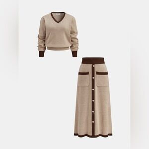 CoMMENSE Contrast Trim Knit Top and Midi Skirt Set COLOR - Camel, XL NWT